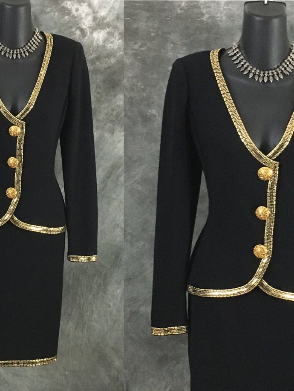 BEAUTIFUL St John evening knit black gold rhinestones embellished skirt suit 6 - Picture 2 of 10